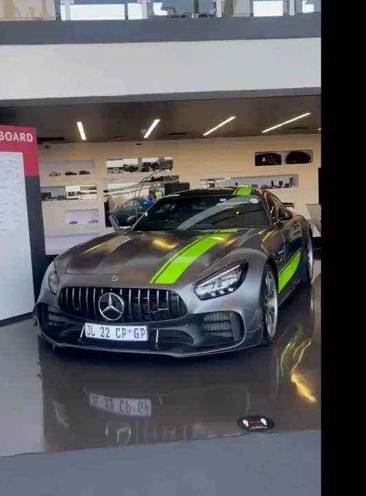 A Mercedes-AMG sports car on display