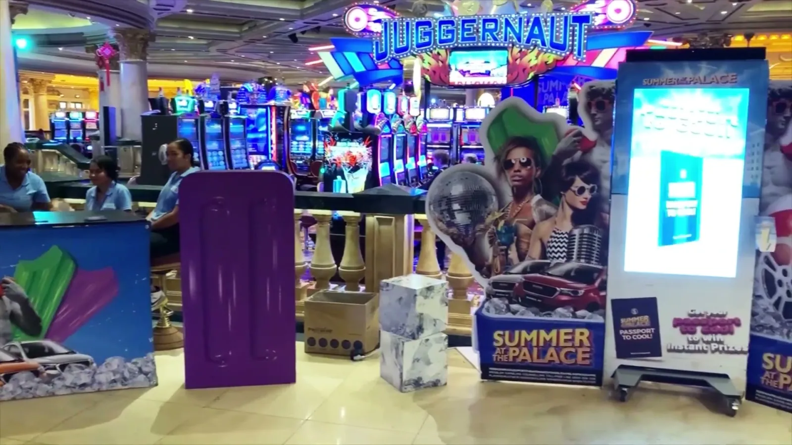 Screens and branded stands at an entertainment venue