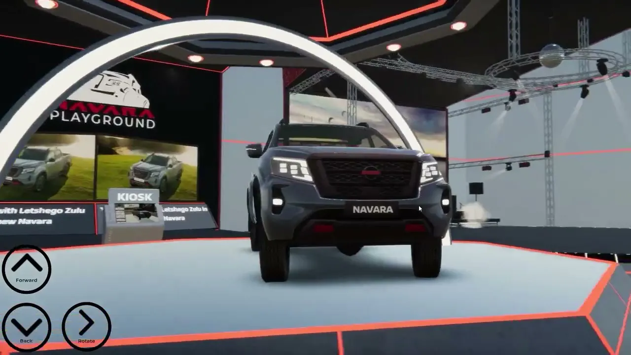 A virtual showroom with a Nissan Navara under a lit arch
