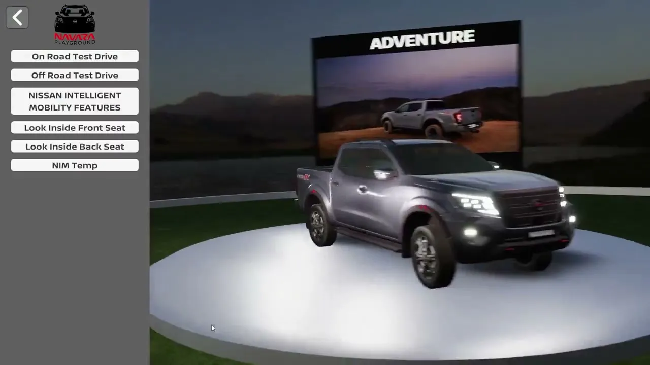 A Nissan Navara on a turntable in a virtual showroom