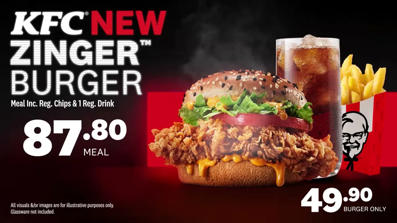 KFC in-store screen content for the Zinger burger