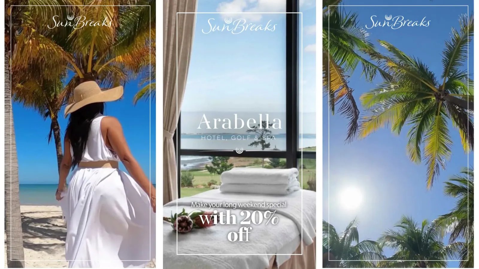 Three social stories for Sun Breaks with beach and hotel photography