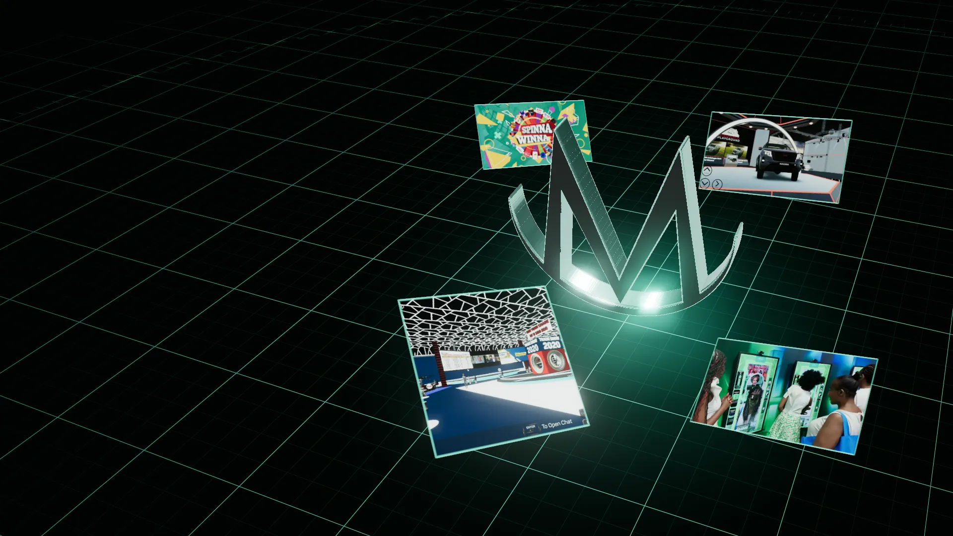 The Magos M as a mint wireframe over a precise grid, with project screens standing on it