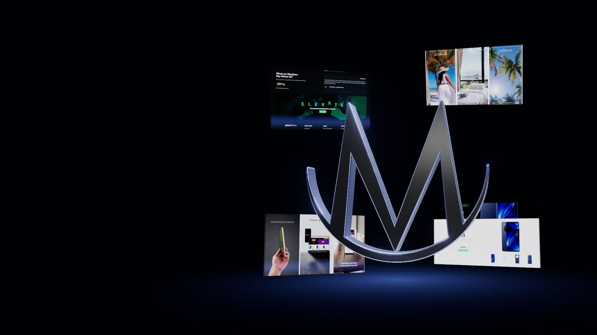 The Magos M in blue light before a curved wall of website and social screens