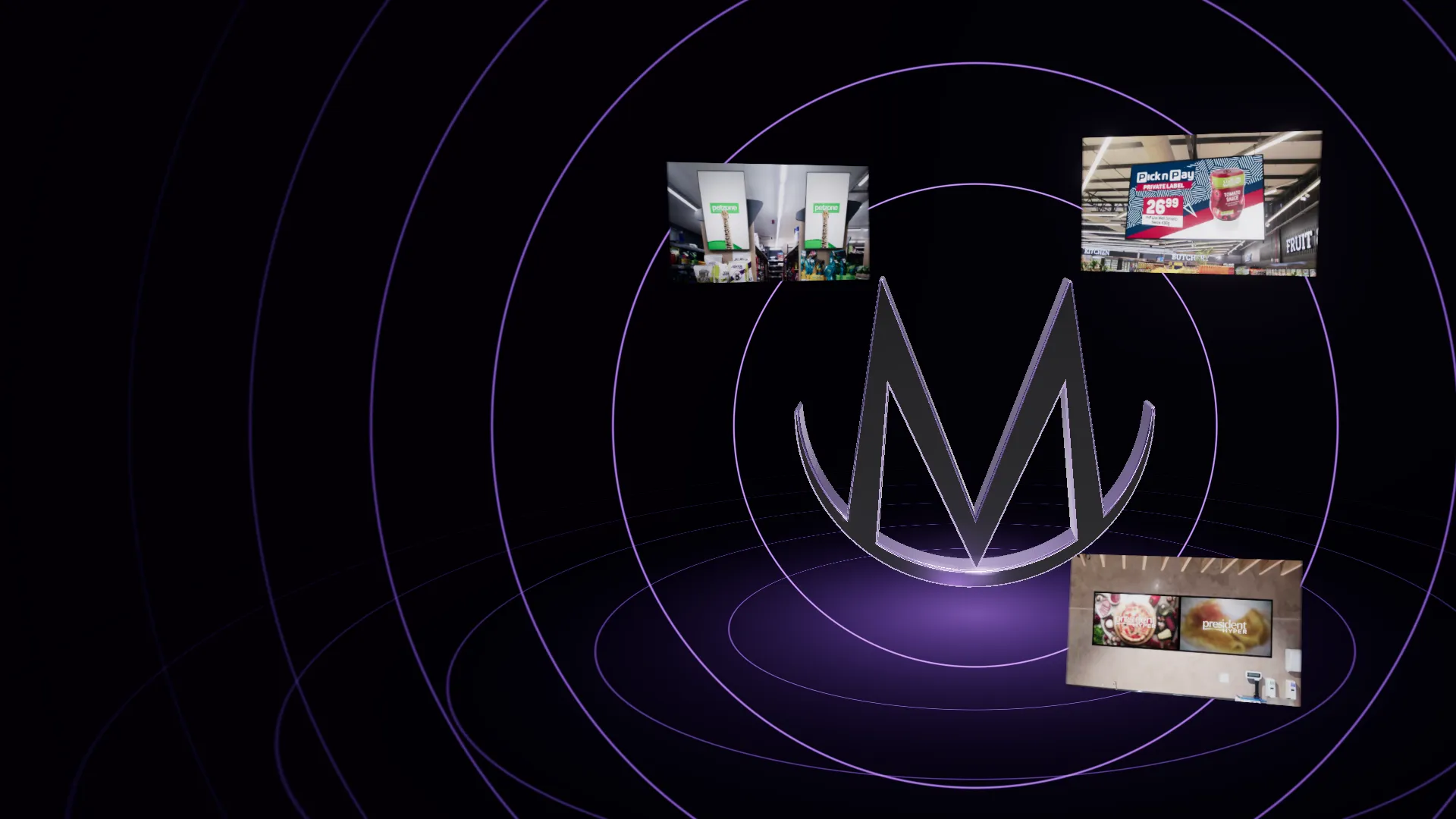 The Magos M in violet light with sound rings spreading from it and in-store screens around it