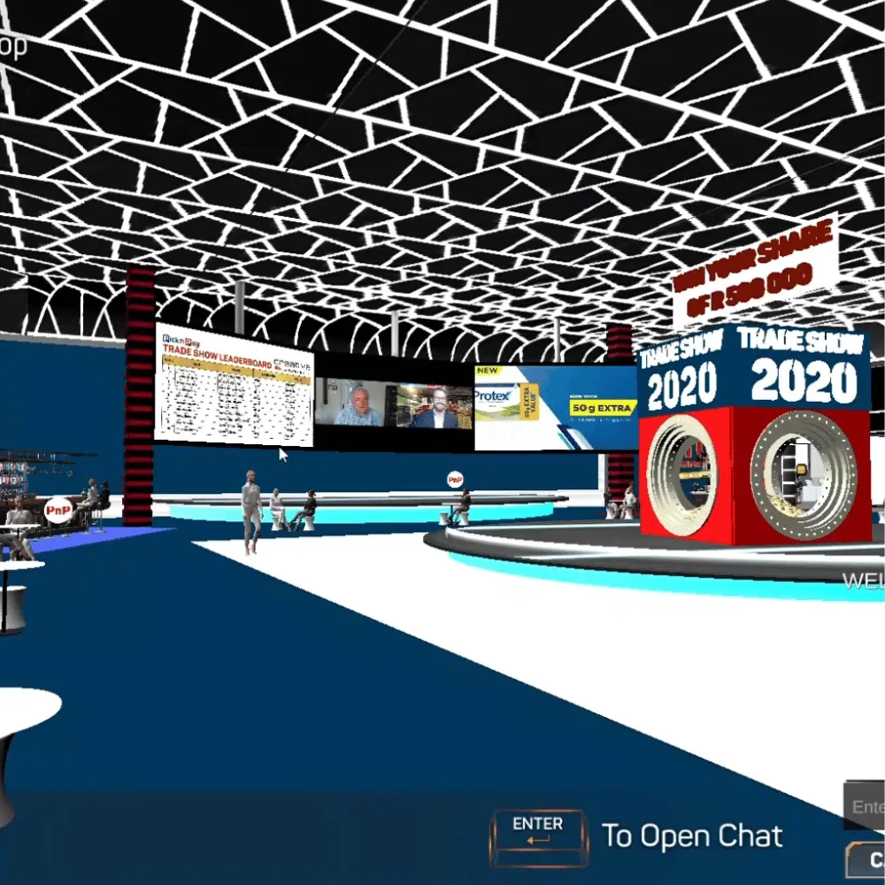 The Pick n Pay virtual trade show: a 3D hall with branded stands and a 2020 stage