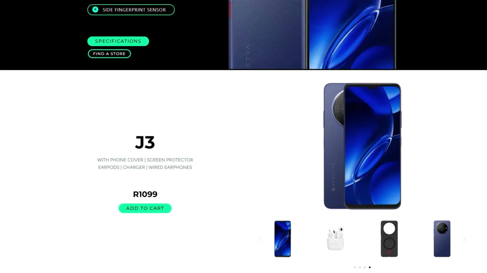 A smartphone product page with a blue J3 handset