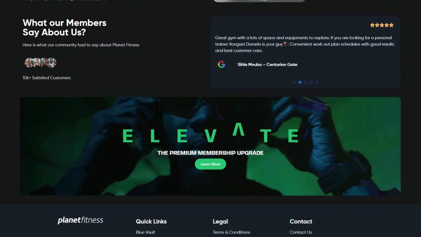 A Planet Fitness website page with an Elevate membership banner